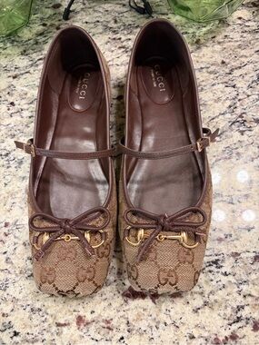 Brown GG Canvas Bow Mary Jane Flats